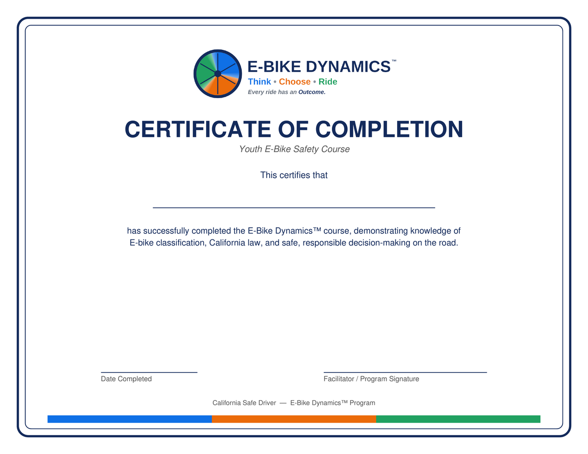 E-Bike Dynamics certificate of completion, showing the program logo, a name line, a date-completed line and a facilitator signature line.